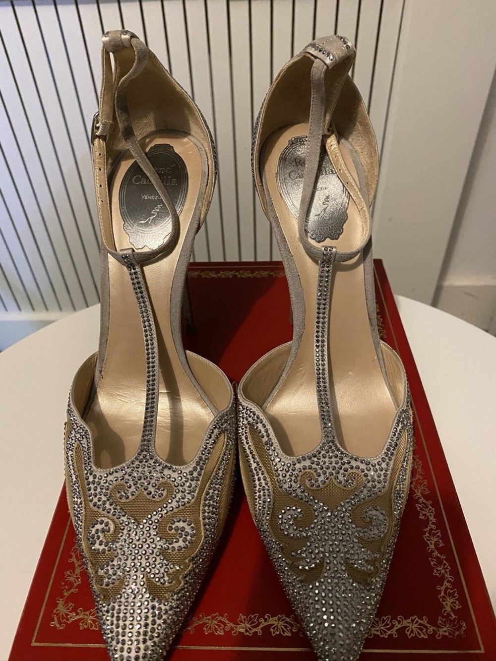 Rene Caovilla Gold Crystal-Embellished Heels